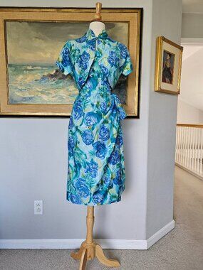 Vintage 1950s Paradise Hawaii Blue Rose Hawaiian Sarong Dress Matching Bolero